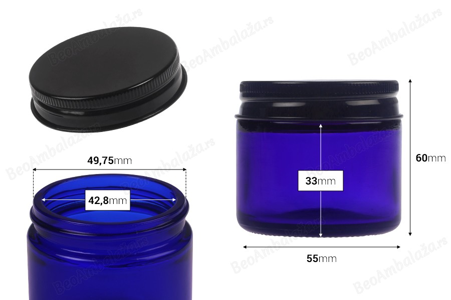 Plava staklena teglica od 60 mL sa crnim aluminijumskim zatvaračem i unutrašnjom zaptivkom-dimenzije_slike