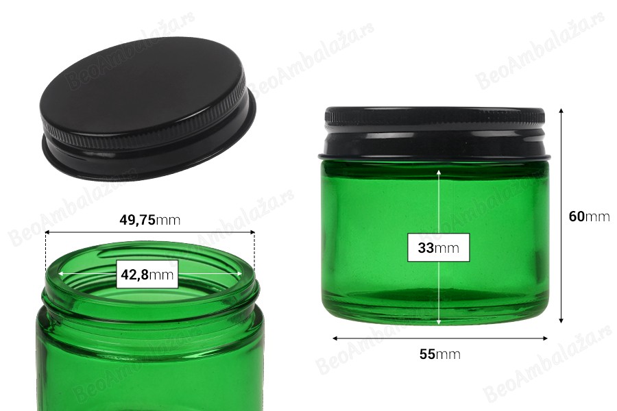 Zelena staklena teglica od 60 mL sa crnim aluminijumskim zatvaračem i unutrašnjom zaptivkom-dimenzije_slike