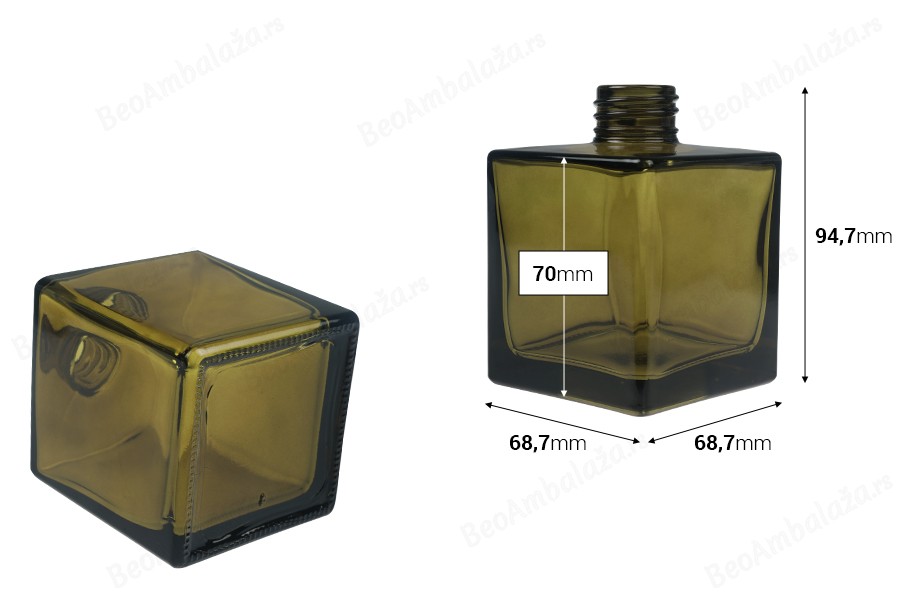 Četvrtasta staklena bočica 200 mL u karamel i maslinasto zelenoj boji, pogodna za osveživač prostora-dimenzije_slike