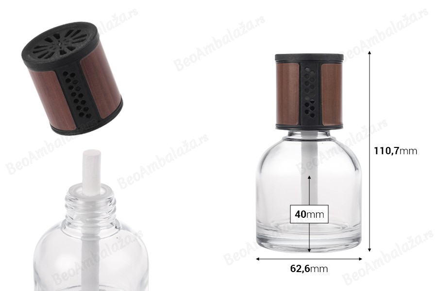Providna staklena bočica od 100 mL - osveživač automobila sa braon/crnim zatvaračem, čepom i pamučnim štapićem-dimenzije_slike