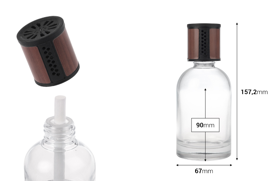 Providna staklena bočica od 200 mL - osveživač automobila sa braon/crnim zatvaračem, čepom i pamučnim štapićem-dimenzije_slike