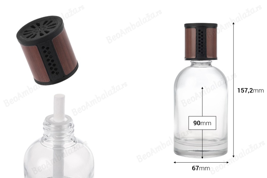 Providna staklena bočica od 200 mL - osveživač automobila sa braon/crnim zatvaračem, čepom i pamučnim štapićem-dimenzije_slike