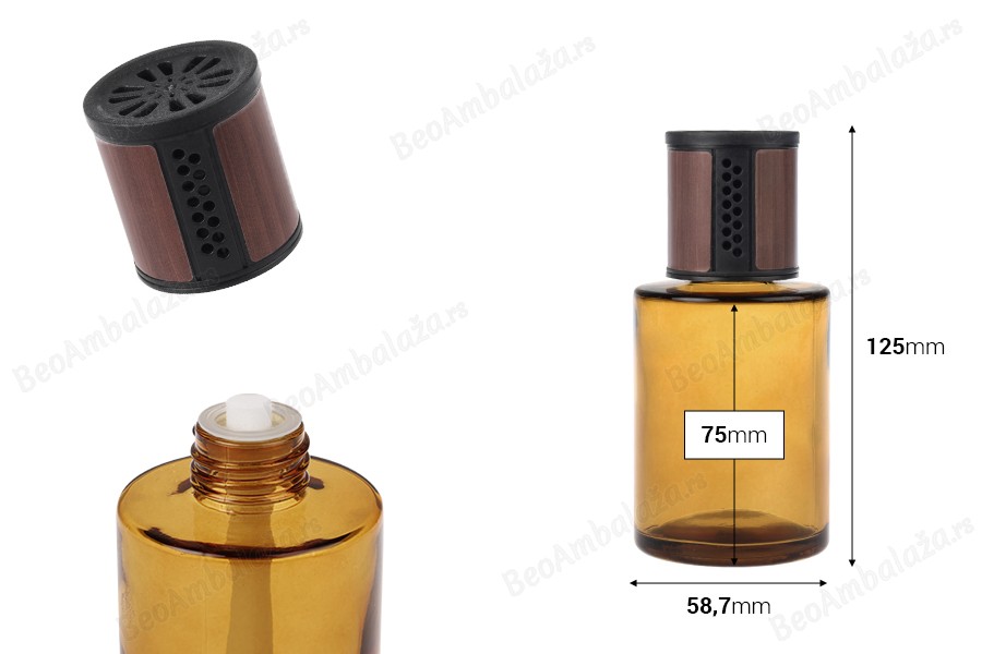 Staklena bočica od 120 mL - osveživač automobila sa braon/crnim zatvaračem, čepom i pamučnim štapićem-dimenzije_slike