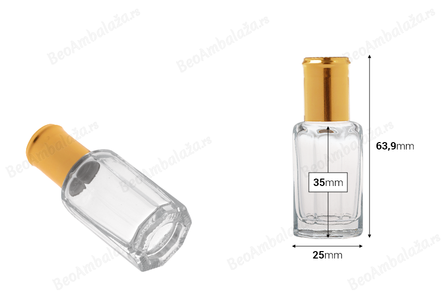 Roll-on staklena šestougaona bočica od 10 mL sa metalnom kuglicom i zlatnim zatvaračem-dimenzije_slike