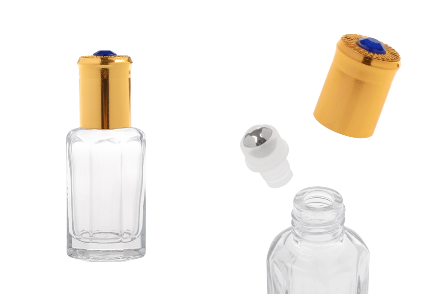 Roll-on staklena šestougaona bočica od 10 mL sa metalnom kuglicom i zlatnim zatvaračem sa dekorativnim kamenčićem-slika_proizvoda