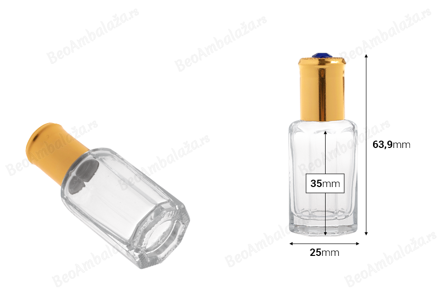 Roll-on staklena šestougaona bočica od 10 mL sa metalnom kuglicom i zlatnim zatvaračem sa dekorativnim kamenčićem-dimenzije_slike