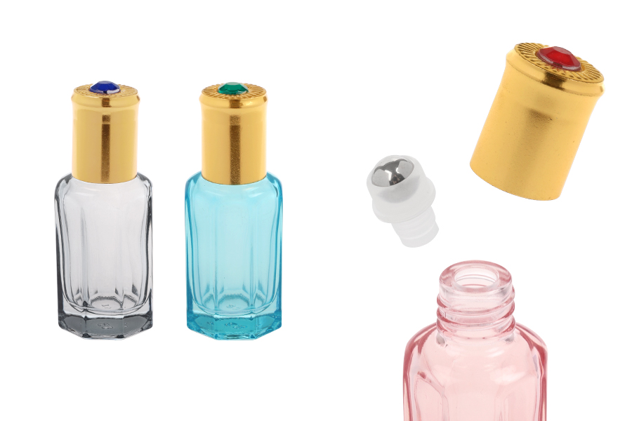 Roll-on staklena šestougaona bočica od 10 mL sa metalnom kuglicom i zlatnim zatvaračem sa dekorativnim kamenom-slika_proizvoda