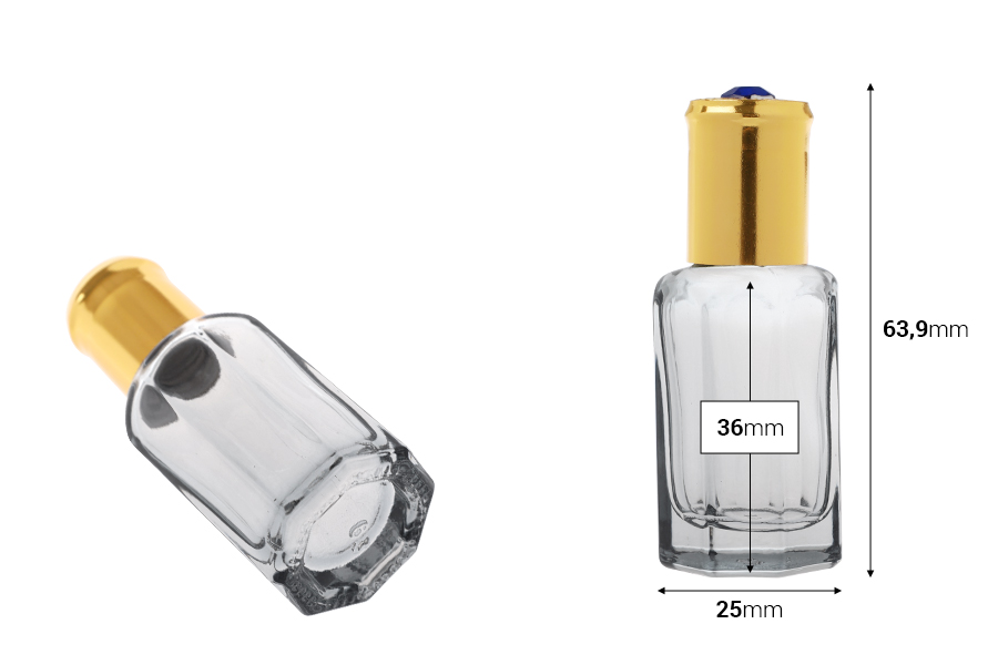 Roll-on staklena šestougaona bočica od 10 mL sa metalnom kuglicom i zlatnim zatvaračem sa dekorativnim kamenom-dimenzije_slike