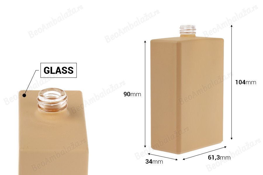 Staklena bočica za parfem 100 mL (15/400) pravougaonog oblika i gumirane bež boje-dimenzije_slike