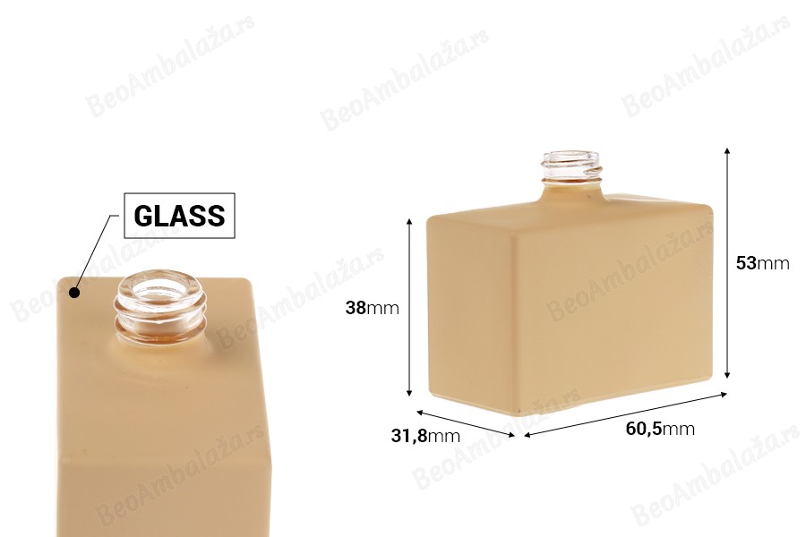 Staklena bočica za parfem 30 mL (15/400) pravougaonog oblika i gumirane bež boje-dimenzije_slike