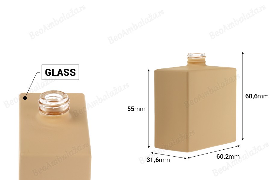 Staklena bočica za parfem 50 mL (15/400) pravougaonog oblika i gumirane bež boje-dimenzije_slike