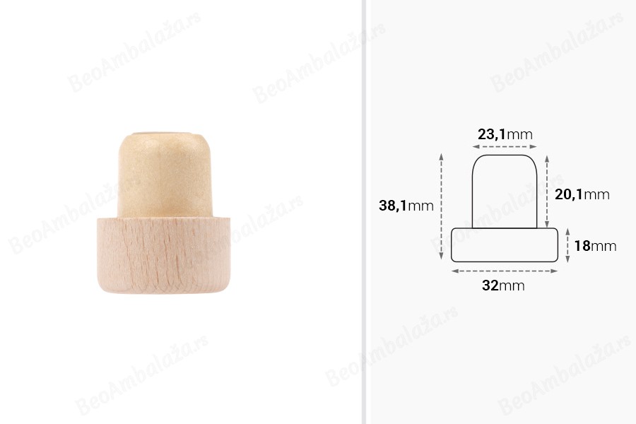Sintetički silikonski čep PP23 sa protokom i drvenom odvojivom glavom 32x18-dimenzije_slike