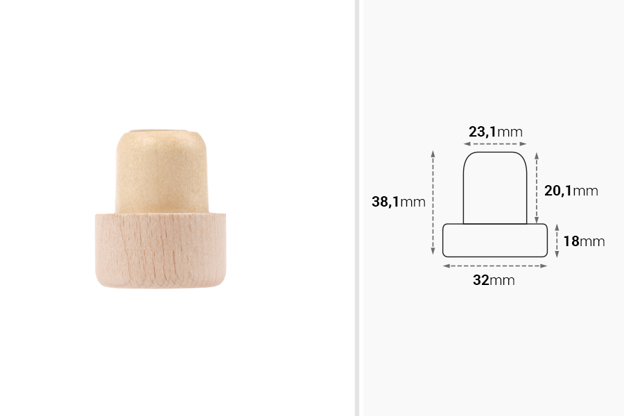 Sintetički silikonski čep PP23 sa protokom i drvenom odvojivom glavom 32x18-dimenzije_slike