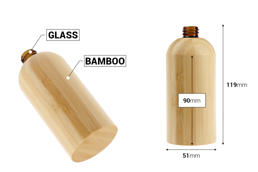Staklena bočica za etarska ulja 100 mL sa PP18 grlom i presvlakom od bambusa-dimenzije_slike