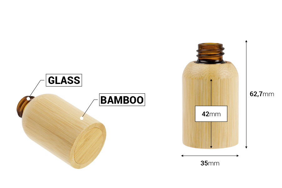 Staklena bočica za etarska ulja 10 mL sa PP18 grlom i presvlakom od bambusa-dimenzije_slike