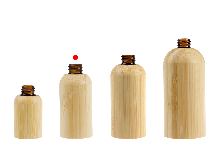 Staklena bočica za etarska ulja 30 mL sa PP18 grlom i presvlakom od bambusa-grupa_slika