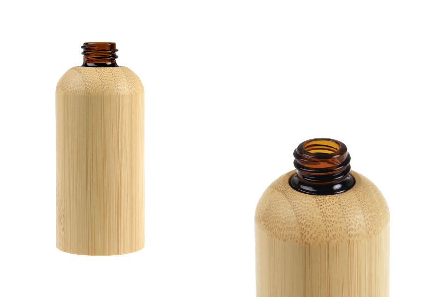 Staklena bočica za etarska ulja 50 mL sa PP18 grlom i presvlakom od bambusa-slika_proizvoda