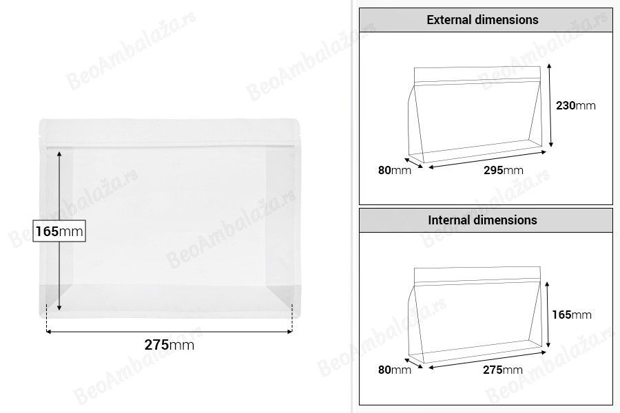 DoyPack kesice 295x80x230mm poluprovidne sa zip zatvaranjem i mogućnošću termo zatvaranja – 50 kom-dimenzije_slike