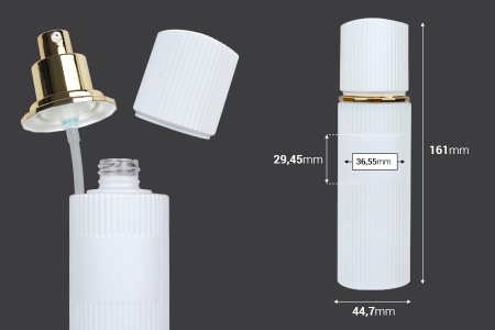 Staklena bočica 100 ml luksuzna bela mat sa poklopcem i zlatnom pumpicom za kremu-dimenzije_slike