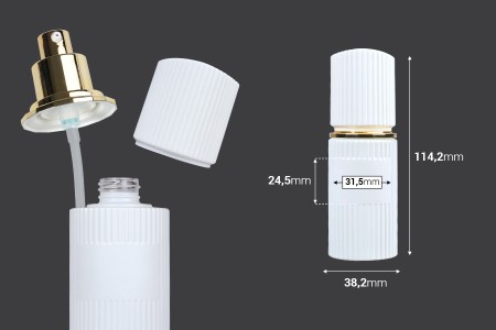 Staklena bočica 30 ml luksuzna bela mat sa poklopcem i zlatnom pumpicom za kremu-2