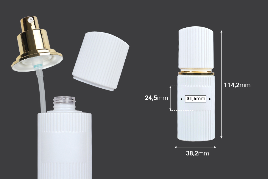 Staklena bočica 30 ml luksuzna bela mat sa poklopcem i zlatnom pumpicom za kremu-dimenzije_slike