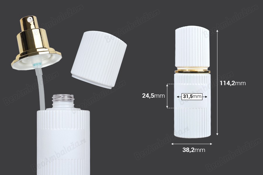 Staklena bočica 30 ml luksuzna bela mat sa poklopcem i zlatnom pumpicom za kremu-dimenzije_slike