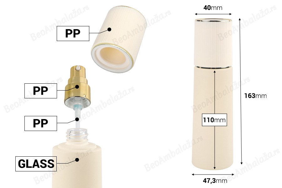 Luksuzna bež mat staklena bočica 100mL sa zlatnom pumpicom za kreme i zatvaračem-dimenzije_slike