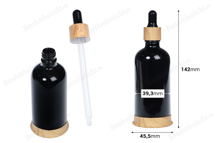 Staklena crna bočica 100mL sa pipetom, plastičnim prstenom i osnovom u dezenu drveta-dimenzije_slike