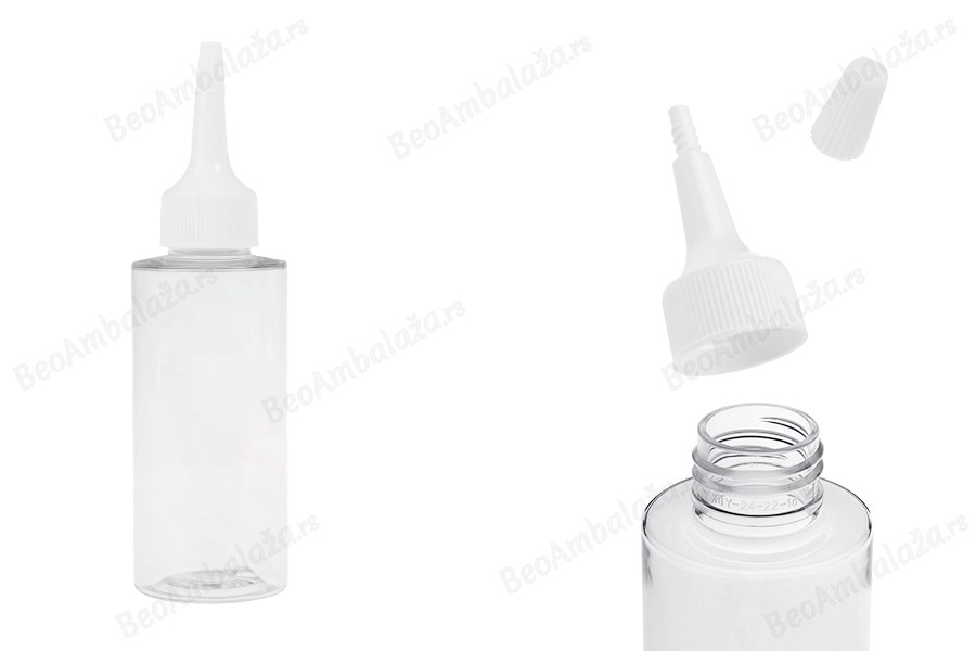 Plastična (PET) providna bočica od 100 ml sa uskim vrhom i belim zatvaračem na navoj-slika_proizvoda