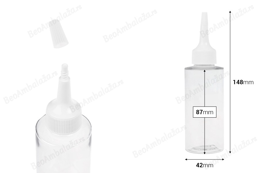 Plastična (PET) providna bočica od 100 ml sa uskim vrhom i belim zatvaračem na navoj-dimenzije_slike