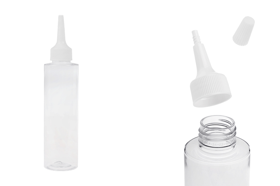 Plastična (PET) providna bočica od 150 ml sa uskim vrhom i belim zatvaračem na navoj-slika_proizvoda