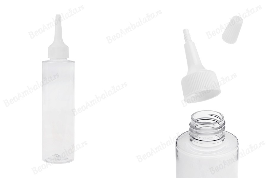 Plastična (PET) providna bočica od 150 ml sa uskim vrhom i belim zatvaračem na navoj-slika_proizvoda