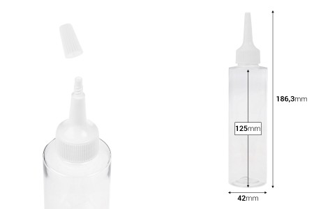 Plastična (PET) providna bočica od 150 ml sa uskim vrhom i belim zatvaračem na navoj-dimenzije_slike