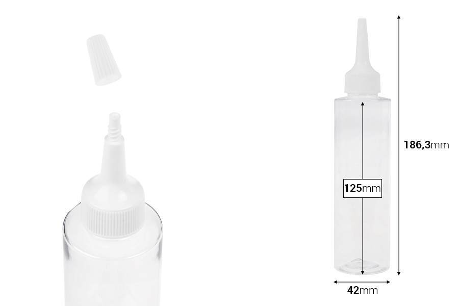 Plastična (PET) providna bočica od 150 ml sa uskim vrhom i belim zatvaračem na navoj-dimenzije_slike