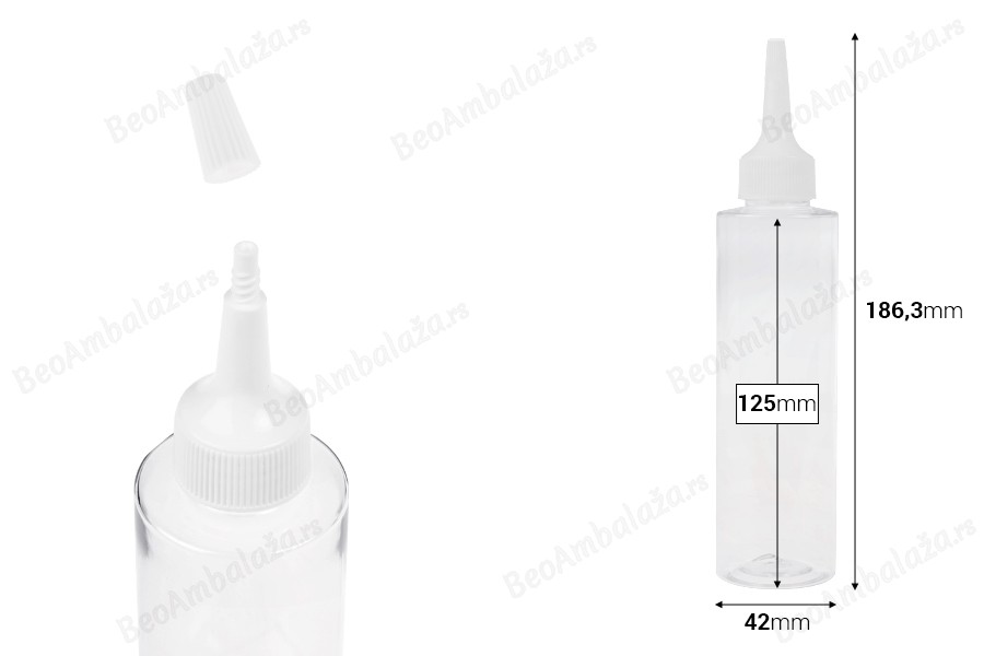 Plastična (PET) providna bočica od 150 ml sa uskim vrhom i belim zatvaračem na navoj-dimenzije_slike