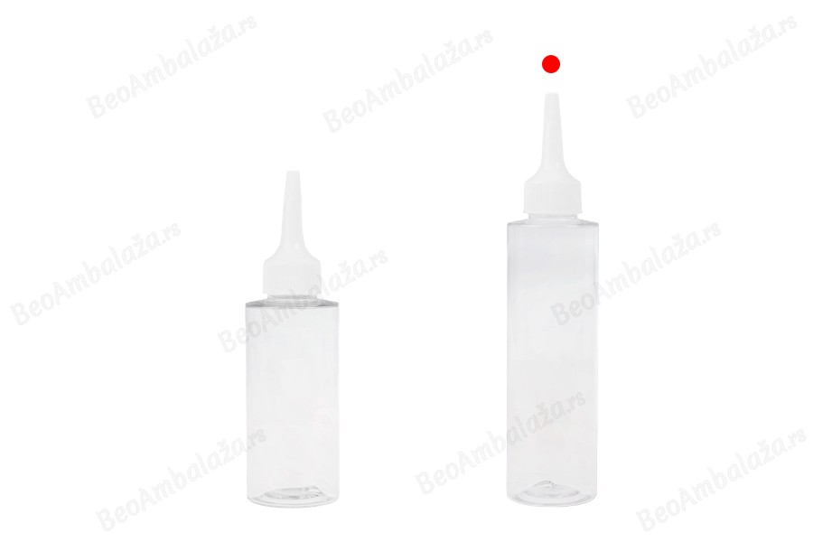 Plastična (PET) providna bočica od 150 ml sa uskim vrhom i belim zatvaračem na navoj-grupa_slika