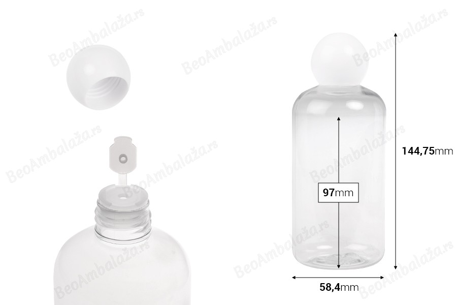 Plastična (PET) providna flašica 250 mL sa belim okruglim zatvaračem i čepom-dimenzije_slike