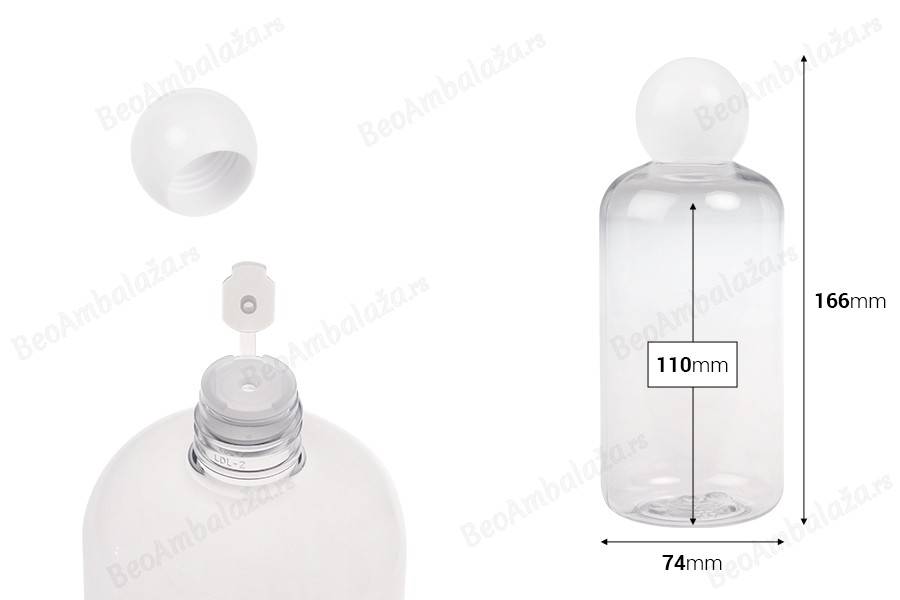 Plastična (PET) providna flašica 500 mL sa belim okruglim zatvaračem i čepom-dimenzije_slike