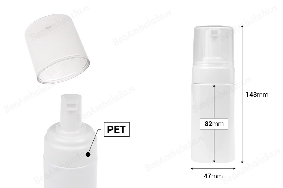 Plastična (PET) bela bočica od 100 mL sa belom pumpicom za penu i poklopcem-dimenzije_slike