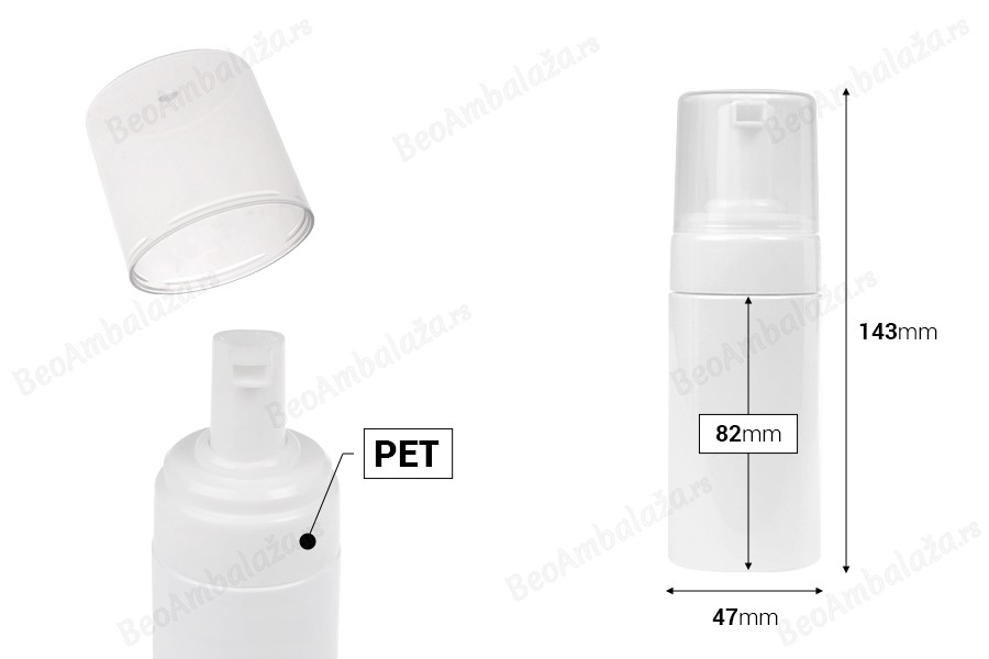 Plastična (PET) bela bočica od 100 mL sa belom pumpicom za penu i poklopcem-dimenzije_slike