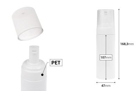 Plastična (PET) bela bočica od 150 mL sa belom pumpicom za penu i poklopcem-dimenzije_slike
