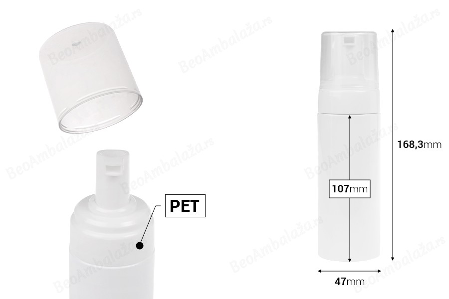 Plastična (PET) bela bočica od 150 mL sa belom pumpicom za penu i poklopcem-dimenzije_slike