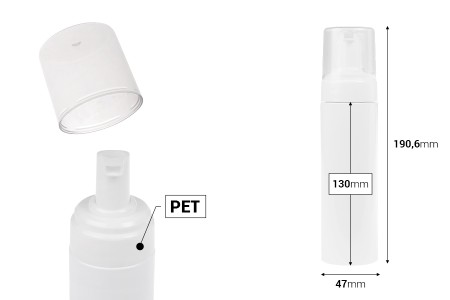 Plastična (PET) bela bočica od 200 mL sa belom pumpicom za penu i poklopcem-dimenzije_slike