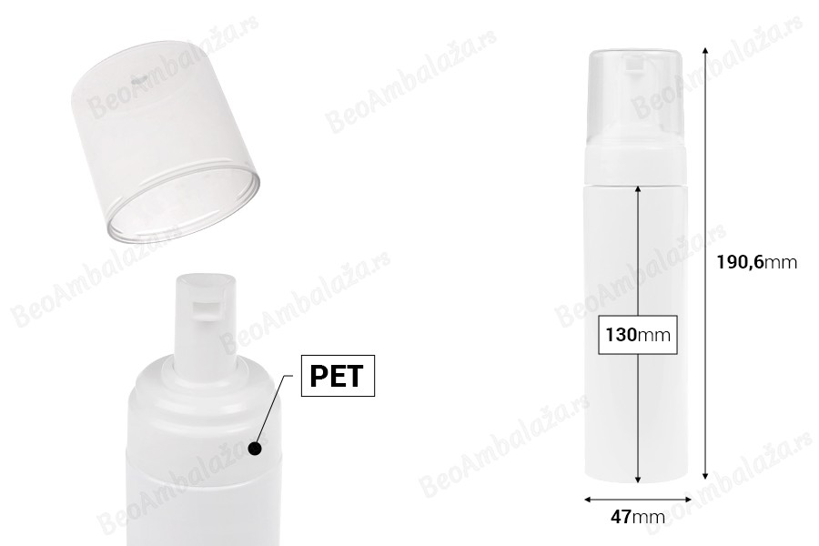 Plastična (PET) bela bočica od 200 mL sa belom pumpicom za penu i poklopcem-dimenzije_slike