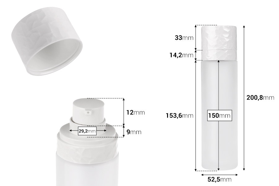 Dopunjiva bočica od 100 mL sa pumpicom za kreme i staklenim peskiranim spoljnim kućištem-dimenzije_slike
