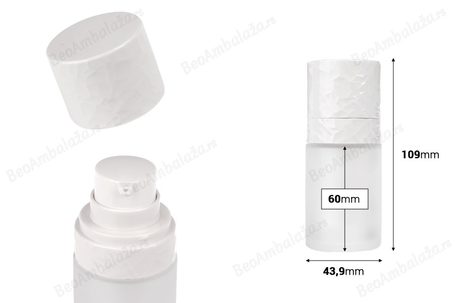 Airless dopunjiva bočica od 15 mL, sa pumpicom za kremu i peskiranim spoljnim staklenim kućištem-dimenzije_slike