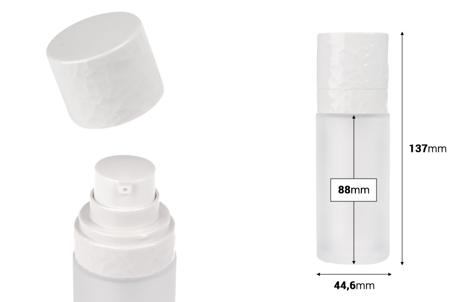 Airless dopunjiva bočica od 30 mL, sa pumpicom za kremu i peskiranim spoljnim staklenim kućištem-dimenzije_slike