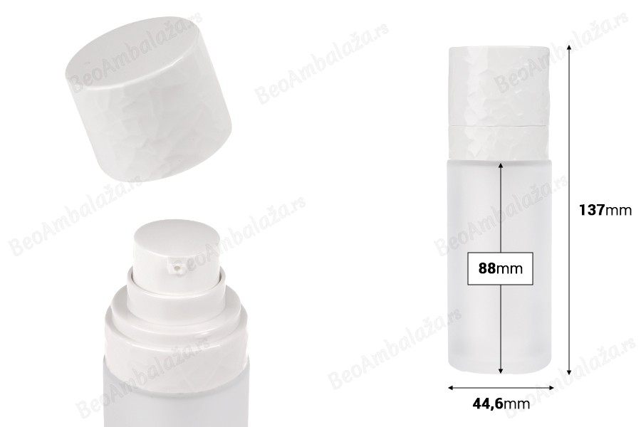 Airless dopunjiva bočica od 30 mL, sa pumpicom za kremu i peskiranim spoljnim staklenim kućištem-dimenzije_slike