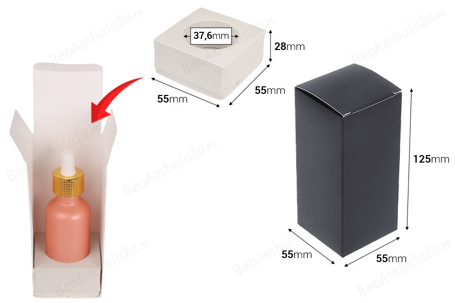 Crna mat papirna kutija za pakovanje 55x55x125 mm sa unutrašnjim držačem od pene za bočice esencijalnog ulja 50mL - 20 kom-dimenzije_slike