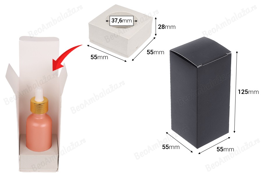 Crna mat papirna kutija za pakovanje 55x55x125 mm sa unutrašnjim držačem od pene za bočice esencijalnog ulja 50mL - 20 kom-dimenzije_slike